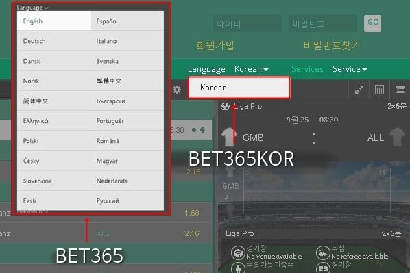 BET365와 BET365KOR 언어 지원 비교